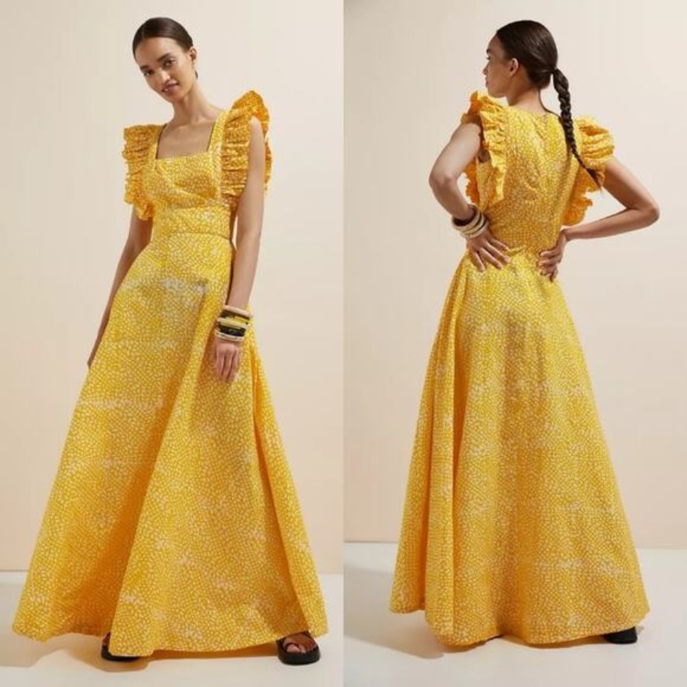 SIKA by Anthropologie Women's Yellow Marigold Ruffled Maxi Dress Size 4P - Picture 2 of 16